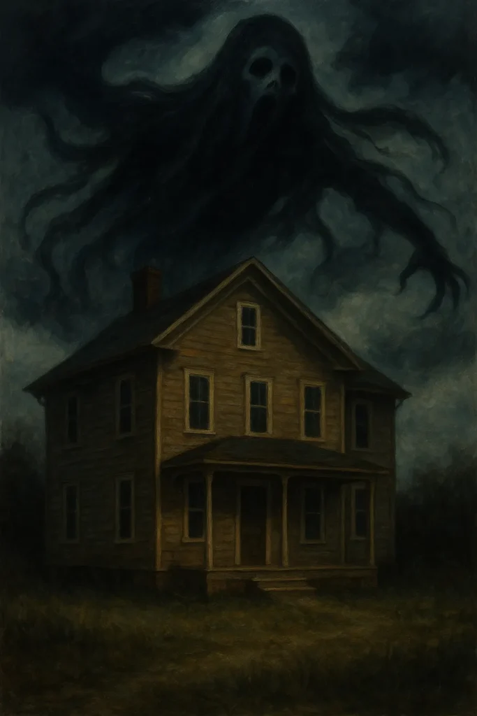Ghost hovering above a house symbolizing Preta Rekha in Vastu Shastra.